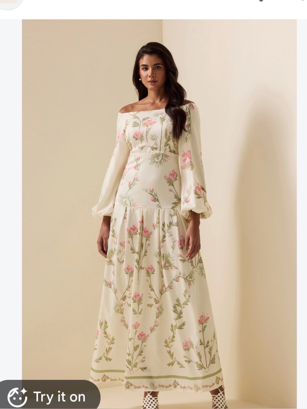 Jardin Vue Off-Shoulder Cream Floral Maxi Dress with Pink Blooms